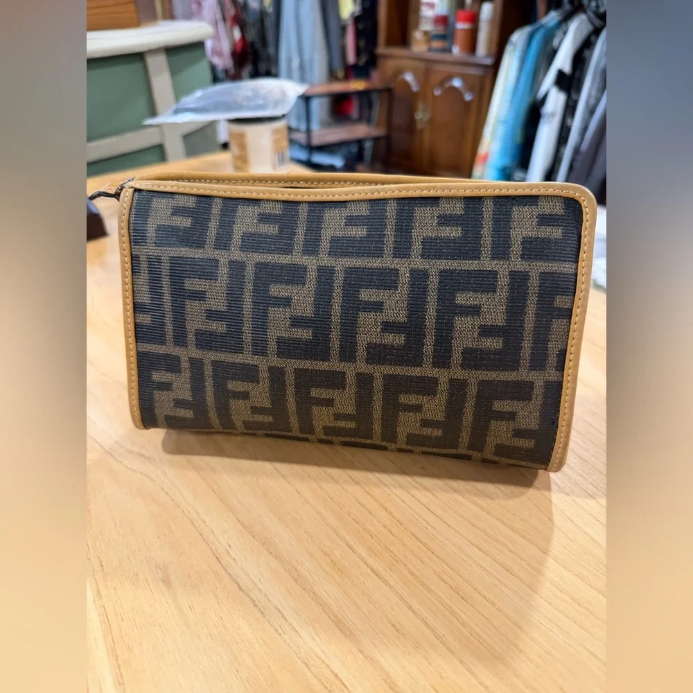 Fendi Brown & Tan Zucca Monogram Zip Clutch - Picture 4 of 8